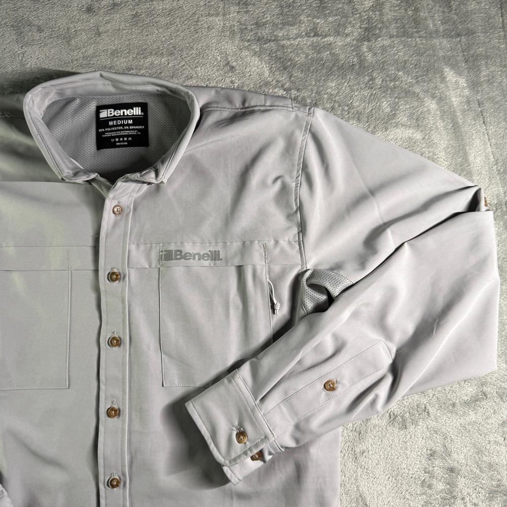 Benelli Performance Ventilated Mens Med Gray Long Sleeve Button Up
